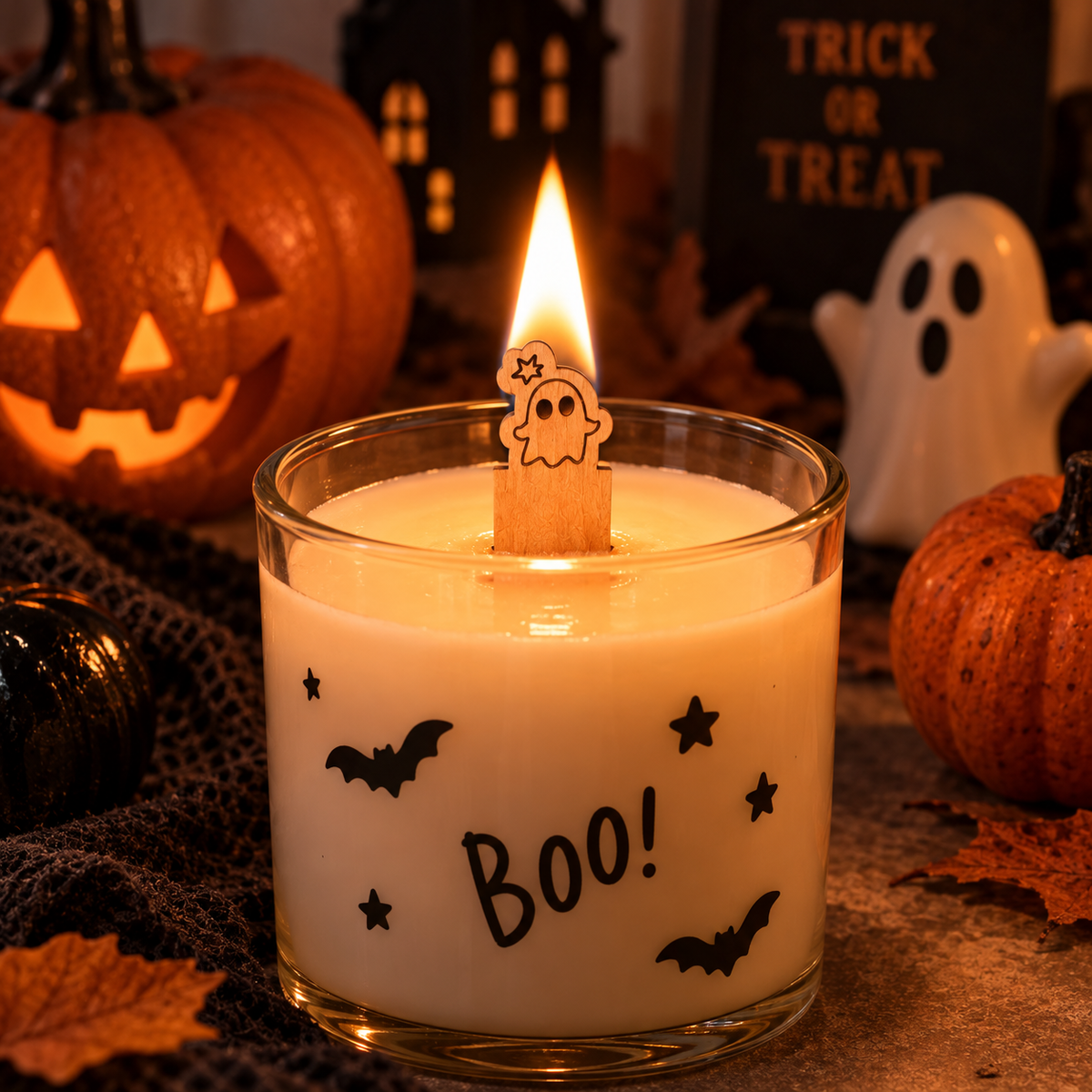 Holzdocht | Halloween-Geist | Inkl. Dochthalter | Candle Cocktail®