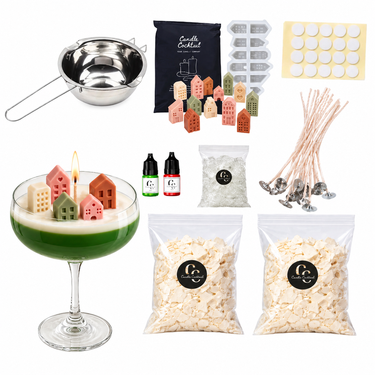 Winterdorf Cocktailkerzen Set mit Wasserbad-Schmelzschale